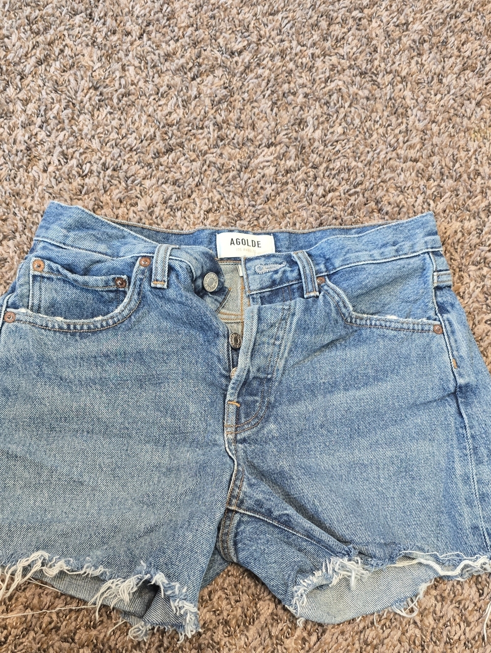 Agolde Light Blue Distressed Denim Boyfriend Shorts
